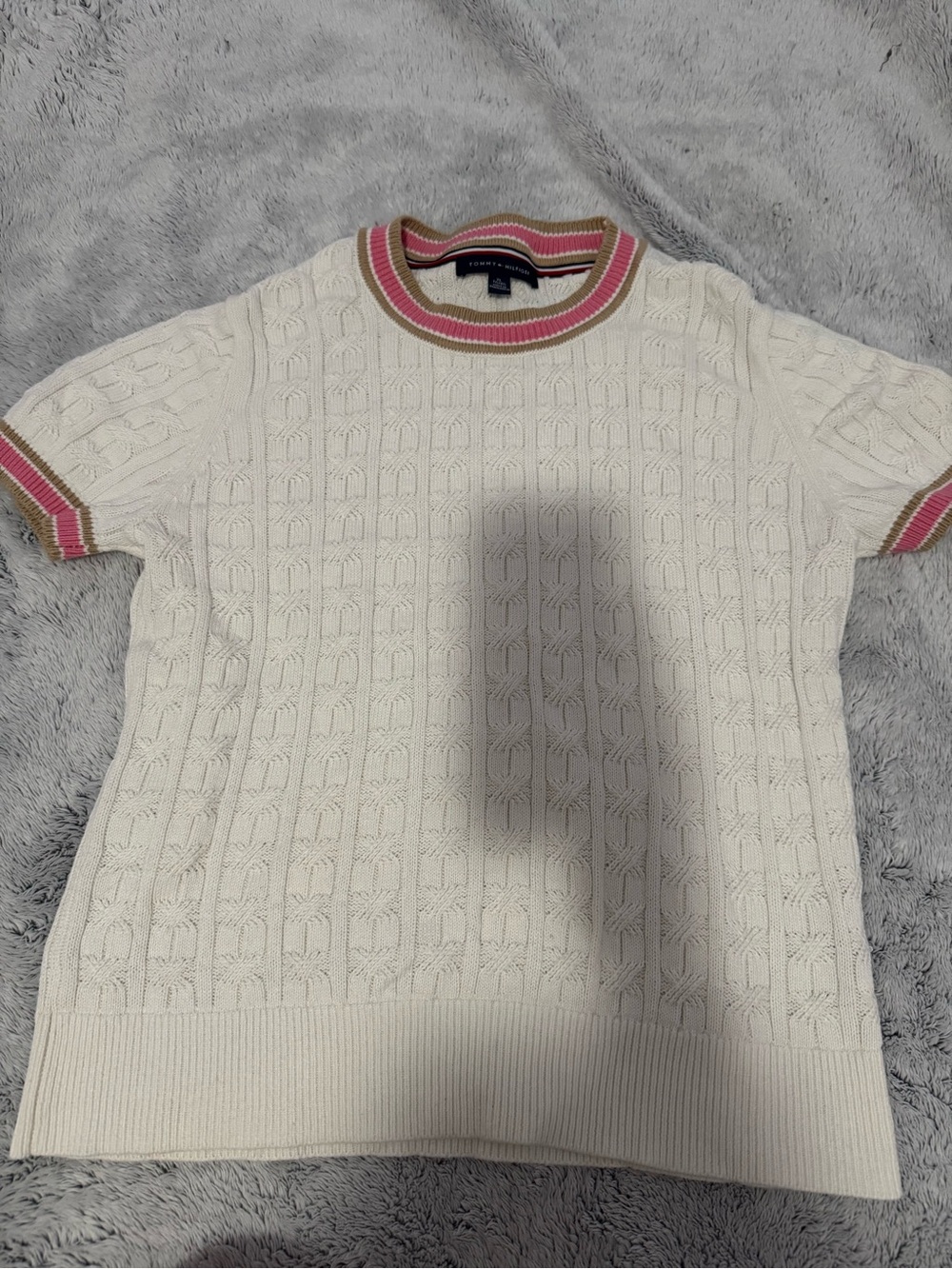 Tommy Hilfiger Cream Knit Short Sleeve Sweater with Pink Trim